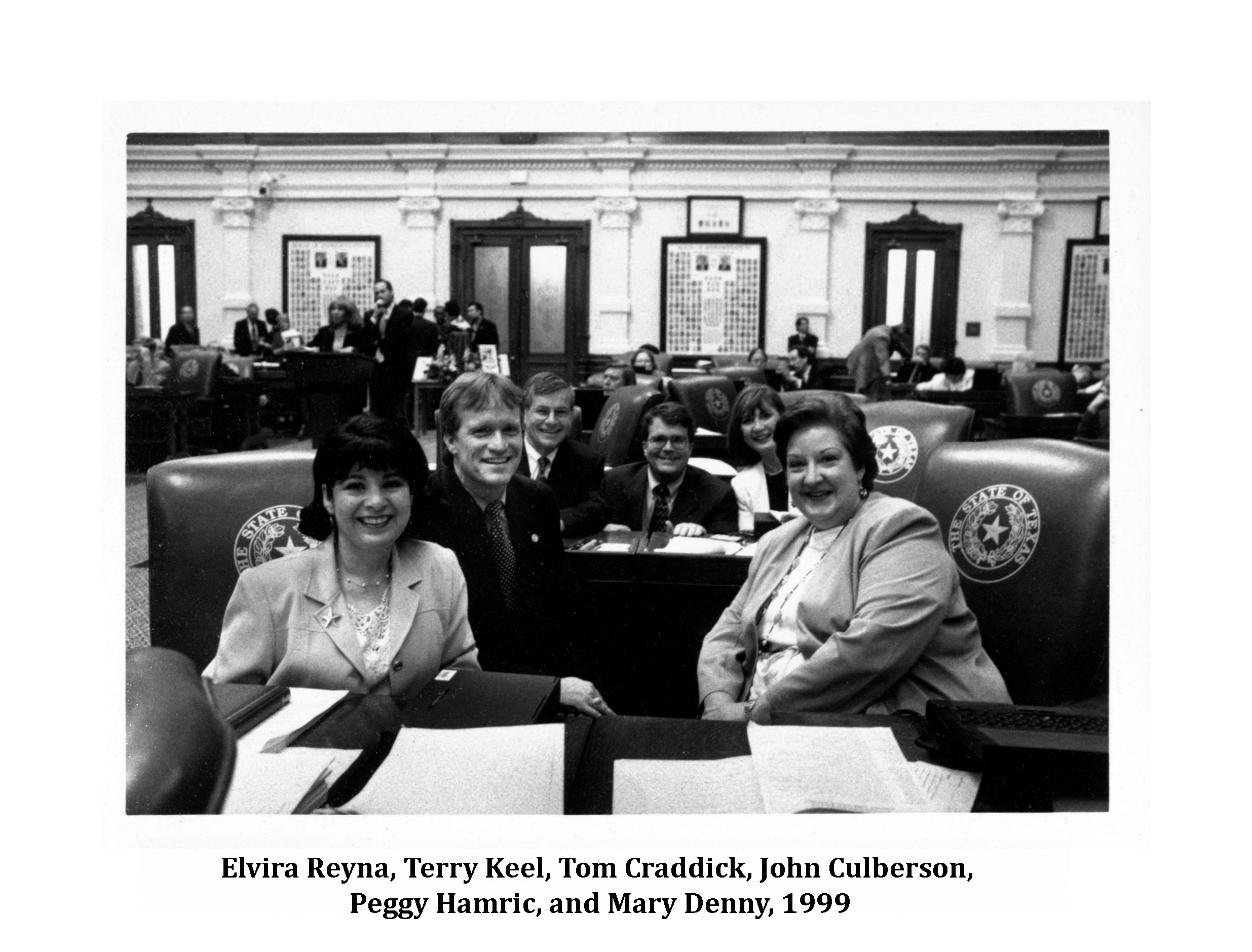 Elvira Reyna, Terry Keel, Tom Craddick, John Culberson, Peggy Hamric, and Mary Denny in the Texas House of Representatives, 1999. Photo courtesy of Terry Keel