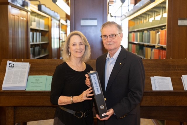 Sharon and Mike Millsap donating <i>The Capitol Post</i> archive to the Legislative Reference Library, June 2, 2023.