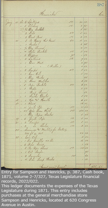 Entry for Sampson and Henricks, p. 387, Cash book, 1871, volume 2-7/327, Texas Legislature financial records, 2022/022