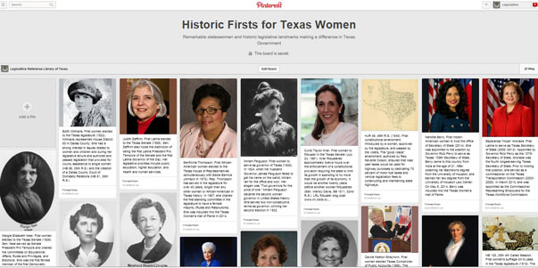 Image of Pinterest board on Women's Firsts in the Texas legislative community.